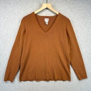 Chico's Sweater Womens Size 3 Brown Silk Blend V-Neck Pullover Stretch Ribbed